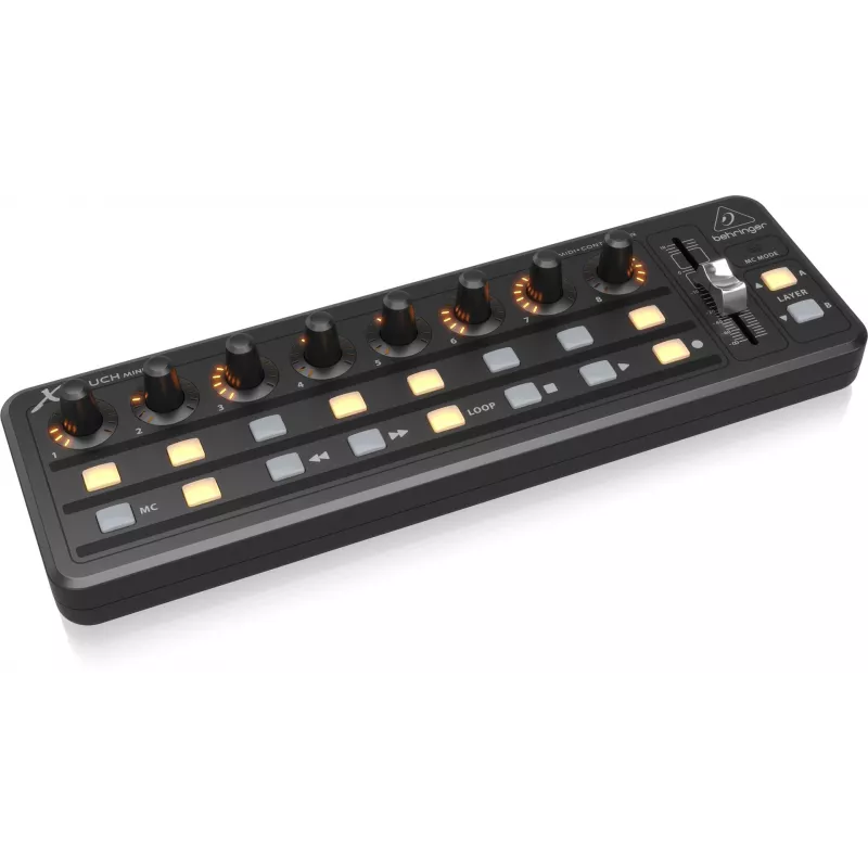 MIDI tastatūra USB Behringer X-TOUCH MINI, vadības elementi: pogas, rotējošie slīdņi, ripas