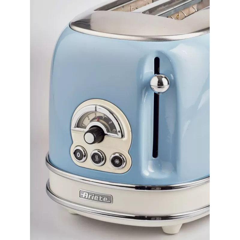 Ariete 155 Design 2 Slots Toaster ar Sviestmaižu Turētājiem, 6 Grauzdēšanas Līmeņi, 810 W, Nerūsējošā Tērauda Korpuss, Noņemama Drupaču Paplāte, Pasteļzils