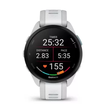 Garmin Forerunner 165 — viedpulkstenis skriešanai, GPS, AMOLED 1.2 collas, 4 GB, 5 ATM, 11 dienu akumulators, pelēks korpuss, balta siksniņa