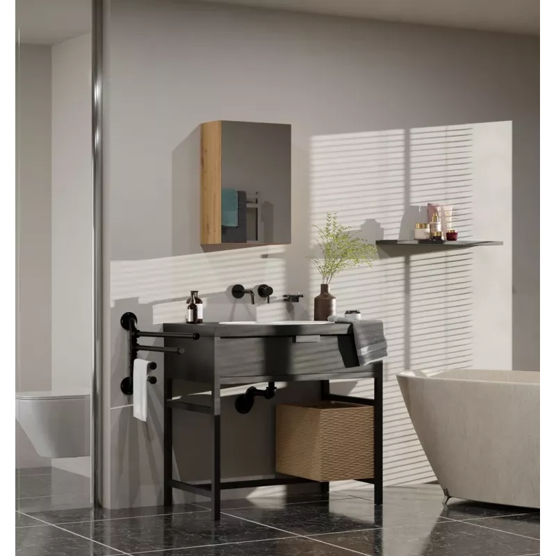 Sienas skapis vannas istabai POLA 1DL ARTISAN — ozola krāsas rāmis, 400×220×600 mm, 3 plaukti