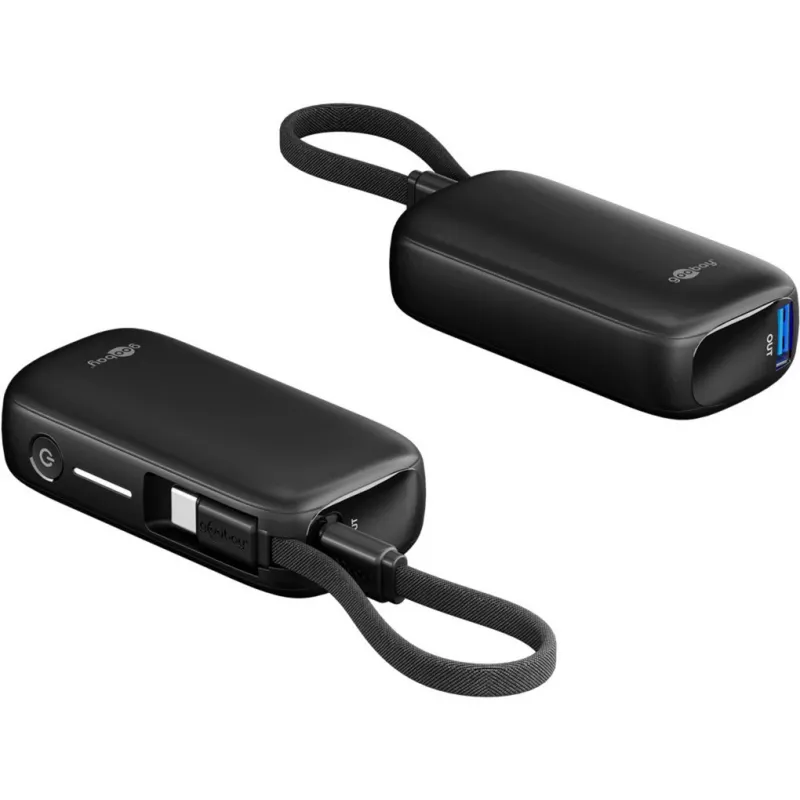 Powerbank 5.000 mAh ar integrētu USB-C kabeli 13cm, 20W (melns, 5 Ah, 1x USB-A, 1x USB-C, PD, QC)