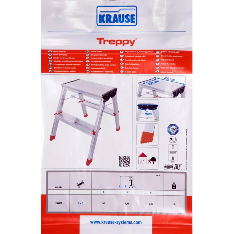 Saliekamās kāpnes Krause Treppy Silver 130020 — alumīnijs, 2 pakāpieni, 150 kg, salocītas 55×20 cm, 2 kg