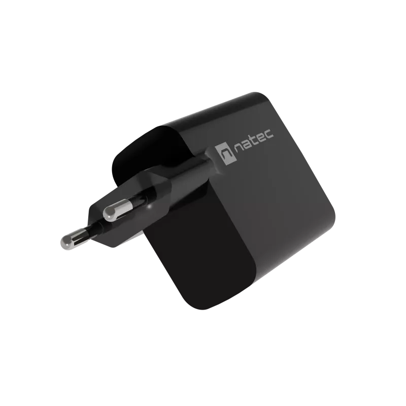 Vadu mobilās ierīces lādētājs NATEC NUC-2145, 65W, USB-C PD 3.0 + QC 3.0, 1x USB-C, 1x USB-A, 110–240V, Melns
