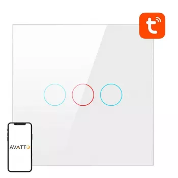 Viedais gaismas slēdzis Avatto TS02-EU-W3 WiFi 3-virzienu — sienas montāžas Wi‑Fi slēdzis vairāku vietu vadībai