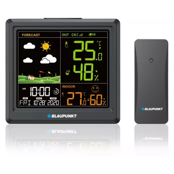 Laika stacija BLAUPUNKT WS25BK — iekštelpu/ārštelpu temperatūras un mitruma monitors, melns, 1 sensors, LCD displejs