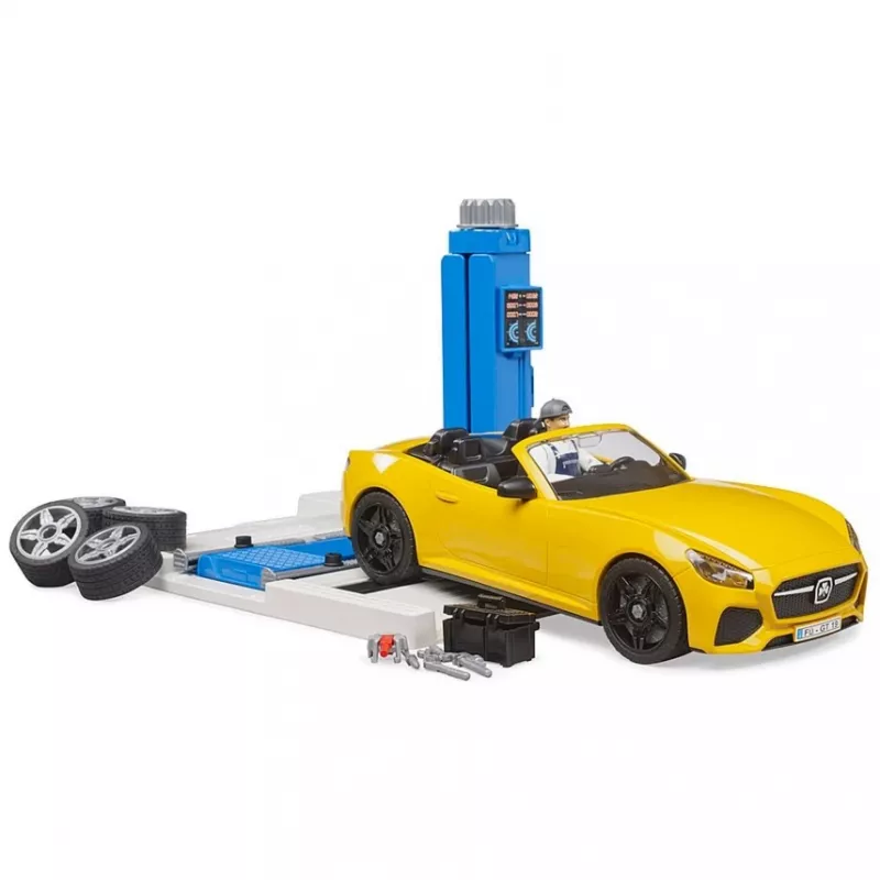 BRUDER Autoservisa centrs bworld 62112 ar Roadster rotaļu komplektu, papildu figūrām un darbnīcas elementiem