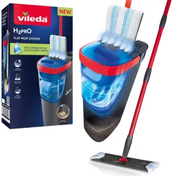 Vileda H2PrO 175775 plakanā grīdas mopa komplekts ar divu tvertņu sistēmu, mikrošķiedra, melns/sarkans