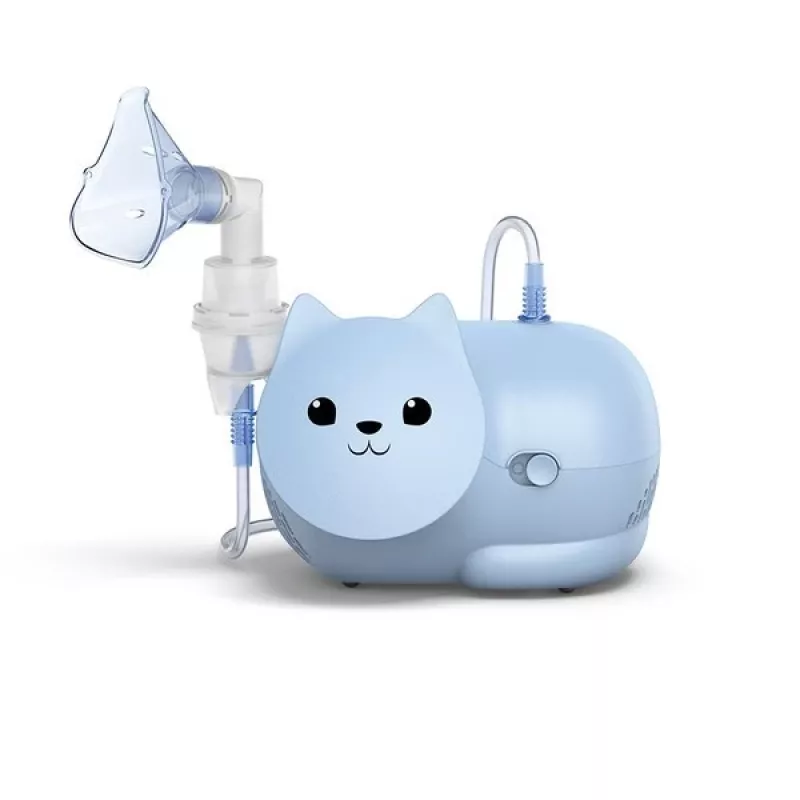 Miglas inhalators Omron Nami Cat NE-C303K-KDE — kompresoru inhalators, 0,35 ml/min, bērniem un pieaugušajiem, zils, W235×D148×H157 mm