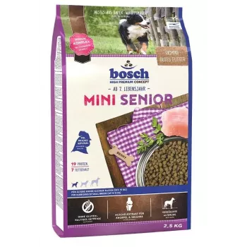 Sausā barība suņiem Bosch MINI SENIOR 2.5 kg — mazo šķirņu senioriem, vistas gaļa, 19% olbaltumvielas, 7% tauki