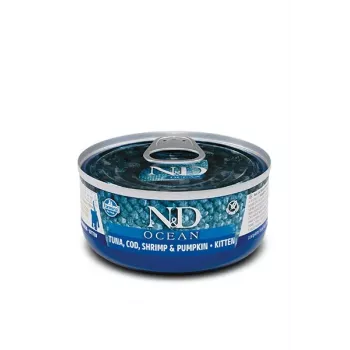 Slapjā barība kaķēniem Farmina N&D Ocean Kitten Tuna, Cod & Shrimp with Pumpkin 70 g skārdenīte