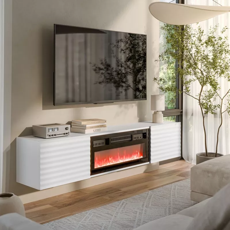 TV skapis Cama Meble TULA ar elektrisko kamīnu, 1830×350×370 mm, balts matēts