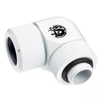 Savienotājelements BitsPower BP-DWE90RMLA14 — misiņa 90° rotējošs savienotājs, diametrs 1,4 cm, balts