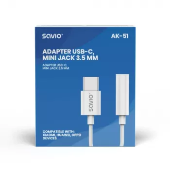 SAVIO AK-51 USB 3.1 C (vīrišķais) – Jack 3.5mm (sieviešu) audio adapteris balts