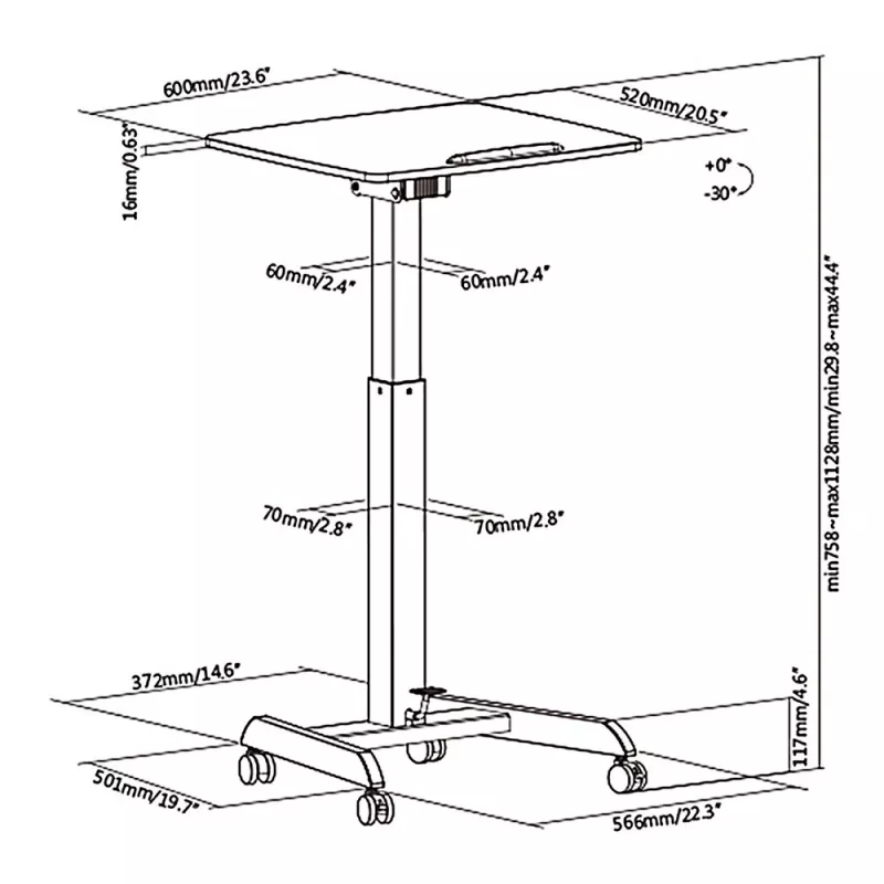 Pārnēsājams dators ar ratiņiem, regulējams augstumā līdz 113 cm, slīpums līdz 30°, melns