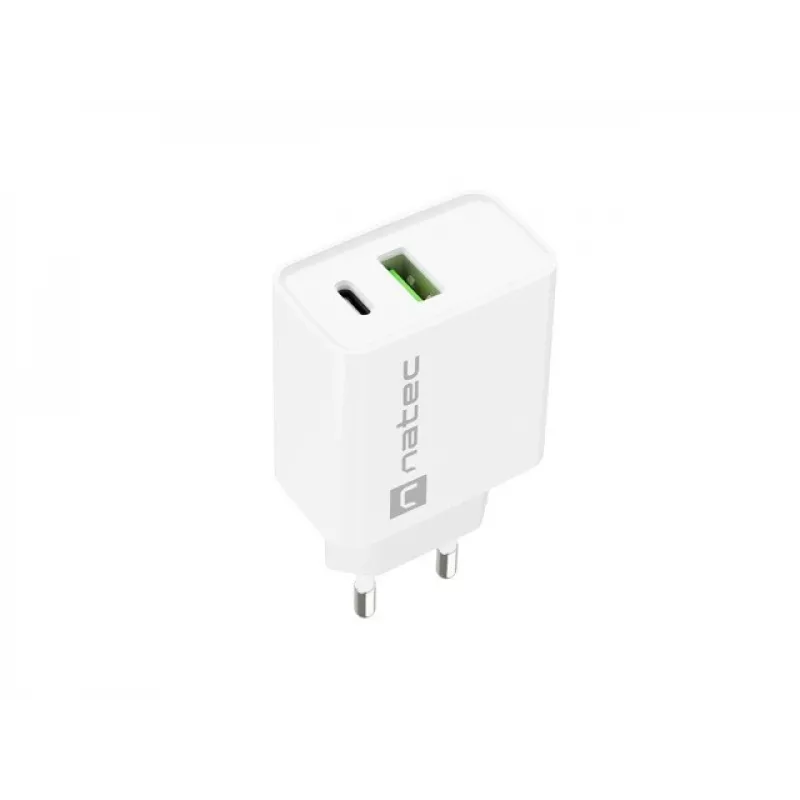 Sienas lādētājs NATEC RIBERA 12V 20W USB-C PD 3.0 + USB-A Samsung AFC Balts