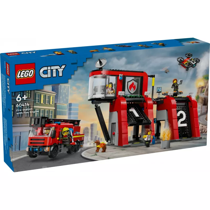 Konstruktors LEGO City Ugunsdzēsēju stacija ar pagriežamām kāpnēm 60414 — 843 gabali, 5 minifigūras
