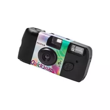 Vienreizējās lietošanas filmas kamera Fujifilm Quicksnap Flash — 135 mm (32 mm fokuss), 1/100s aizvars, iebūvēts zibspuldze, Melna