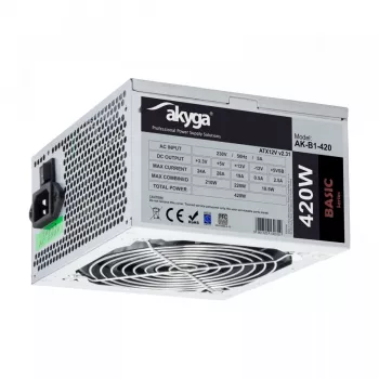Akyga Basic AK-B1-420 ATX barošanas bloks 420 W, 120 mm ventilators, pasīvais PFC, pelēks