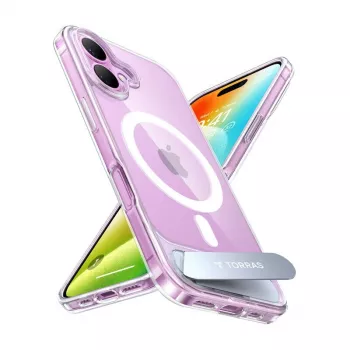 Maciņa Torras Pstand Series iPhone 16 Plus — caurspīdīgs aizsargvāciņš ar iebūvētu statīvu