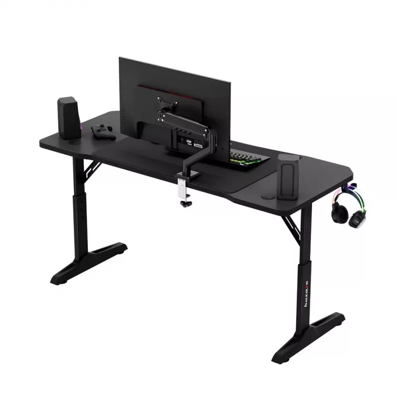 Gaminga galds huzaro Hero 3.6 — taisnstūra 1400×600 mm, augstuma regulējums 560–790 mm, melns, H-kājas, 15 mm virsma