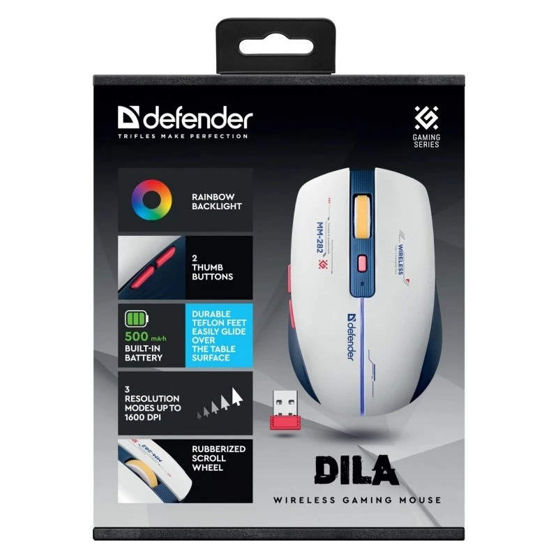 Bezvadu spēļu pele DEFENDER MM-282 RF — ambidekstrāla, optiskā 1800 DPI, 5 pogas, USB, baterija
