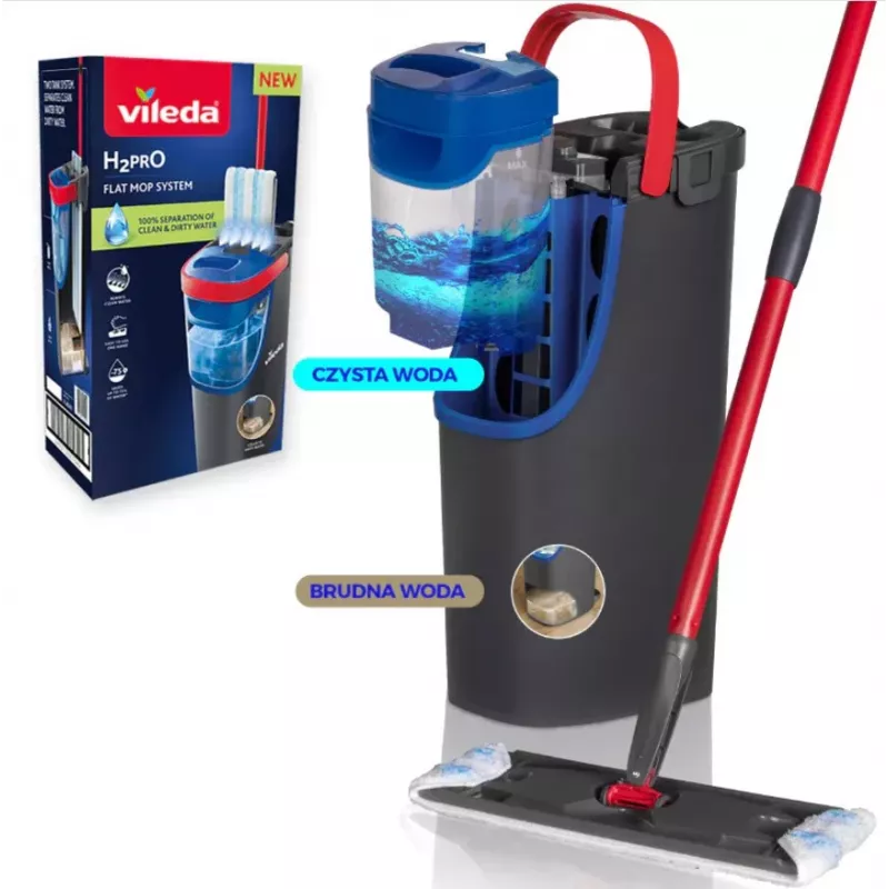 Vileda H2PrO 175775 plakanā grīdas mopa komplekts ar divu tvertņu sistēmu, mikrošķiedra, melns/sarkans