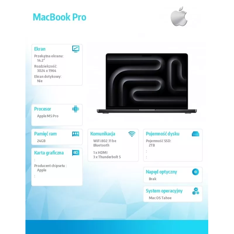 Piezīmjdators Apple MacBook Pro 14 collas — M5 Pro 18‑kodolu CPU / 20‑kodolu GPU, 24GB RAM, 2TB SSD, Space Black