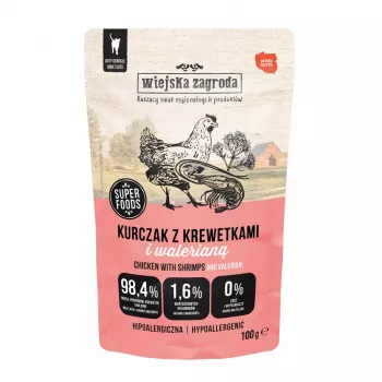 WIEJSKA ZAGRODA Vistas gaļa ar garnelēm un baldriānu – mitrā kaķu barība – 100g