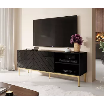 ABETO RTV skapis uz zelta krāsas tērauda rāmis 150x42x60 melns/glancēts melns