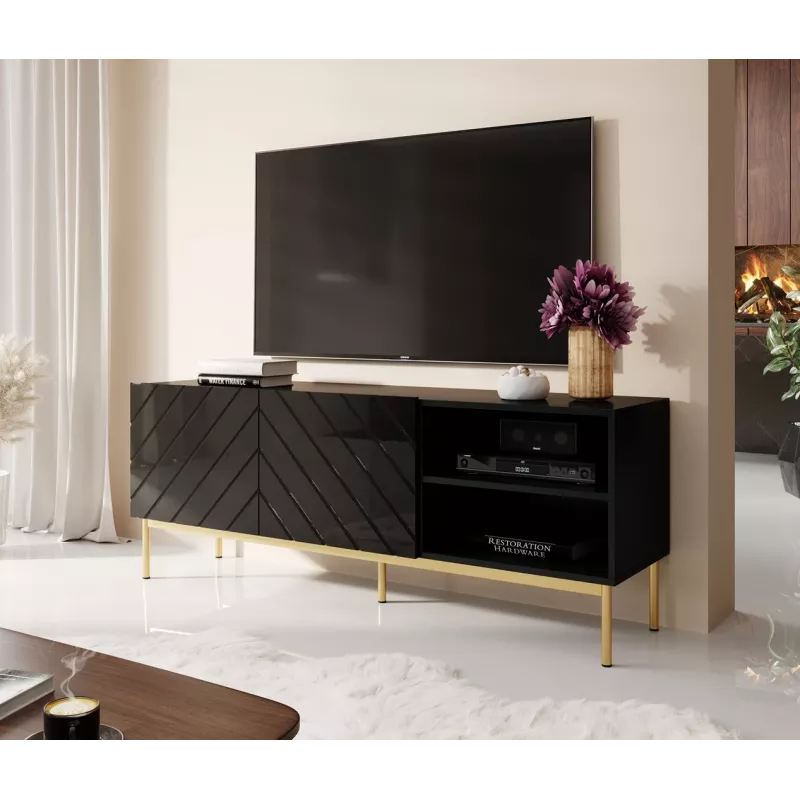 ABETO RTV skapis uz zelta krāsas tērauda rāmis 150x42x60 melns/glancēts melns