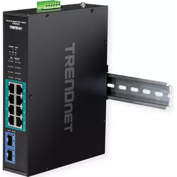 TRENDnet TI-PGM102 - Rūpnieciskais slēdzis - 8 x 10/100/1000 (PoE+) + 2 x Gigabit SFP - DIN sliedes montāža, sienas montāža - PoE+ (240 W) - TAA atbilstošs