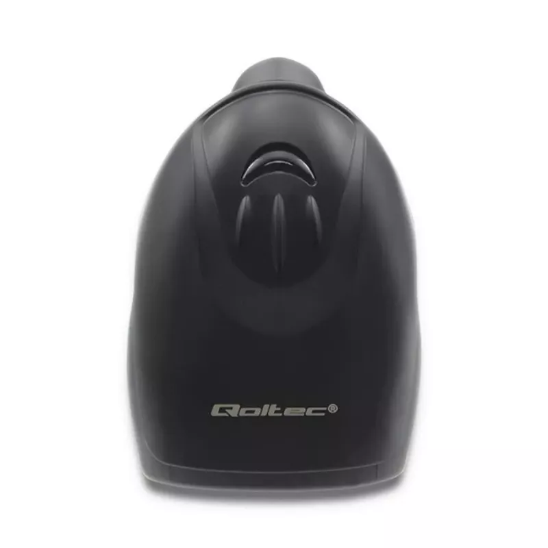 Rokas svītrkodu lasītājs QOLTEC 50868 — 1D/2D lāzera skeneris, USB vads un bezvadu, darba attālums 600 mm, melns