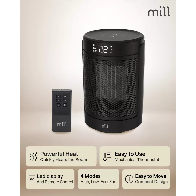 Keramikas sildītājs ar ventilatoru Mill FH1500BLACK 1500 W telpām līdz 22 m², melns