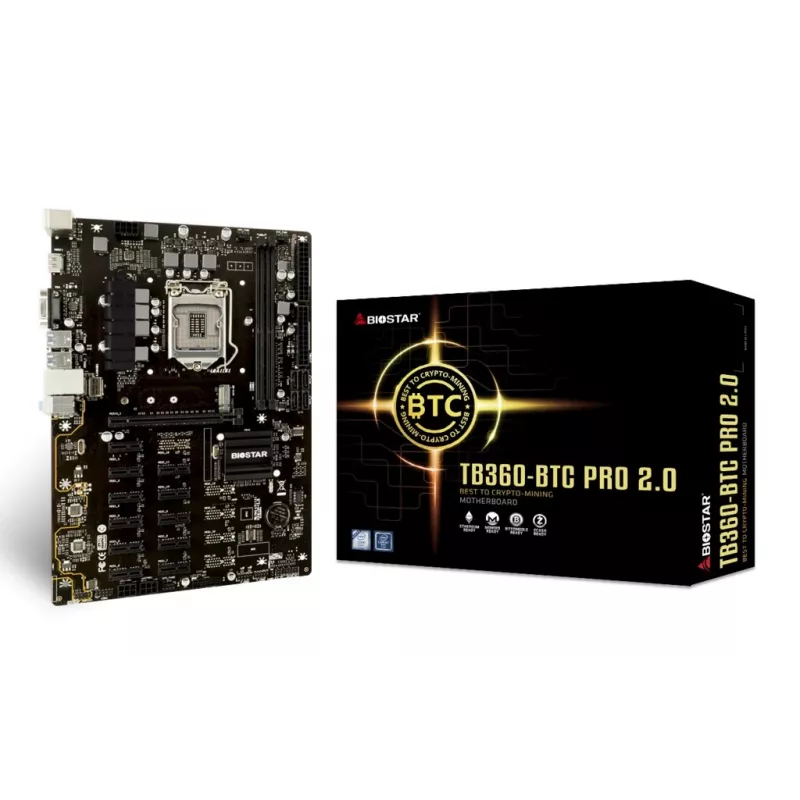 Mātesplate BIOSTAR TB360-BTC PRO 2.0 ATX Intel B360, LGA 1151, 2x DIMM DDR4 līdz 32GB, 11x PCIe x1 + 1x PCIe x16, M.2, SATA III, USB-A