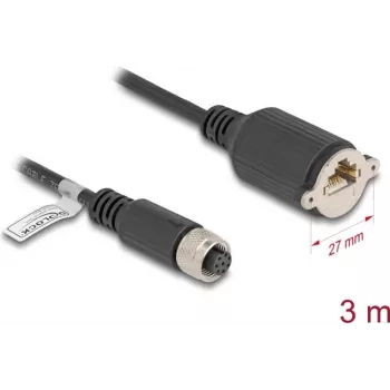 DeLOCK M12 A-kodēts 8-pin sievišķais uz RJ45 Cat.5e tīkla kabelis 3 m melns