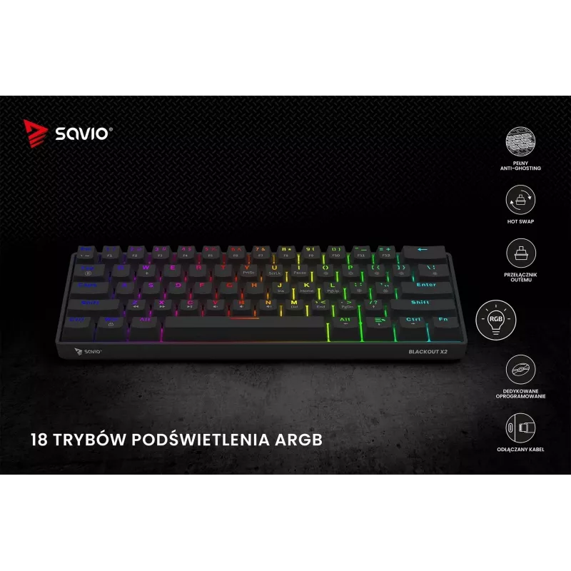 Mehāniskā spēļu tastatūra SAVIO BLACKOUT X2 BRŪNA 61 taustiņš 60% USB QWERTY RGB Outemu Brown