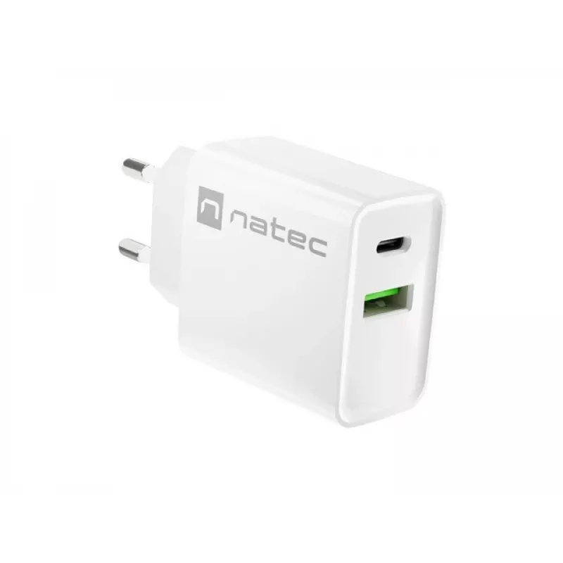 Sienas lādētājs NATEC RIBERA 12V 20W USB-C PD 3.0 + USB-A Samsung AFC Balts