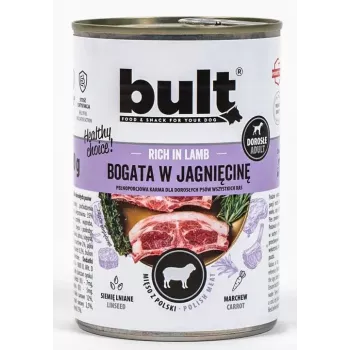 Slapjā suņu barība BULT Rich in lamb 800 g — pilnvērtīga konservēta barība pieaugušiem suņiem