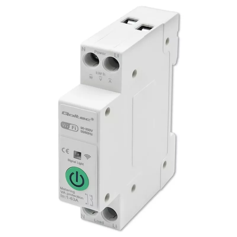 DIN-sliedes WiFi relejs QOLTEC 50881 — komutācijas relejs 63A elektroinstalācijām