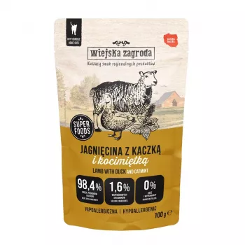 Slapjā barība kaķiem wiejskazagroda Jērs un Pīle ar Kaķumētru Pieaugušiem 100 g, bezgraudu, bezglutēna
