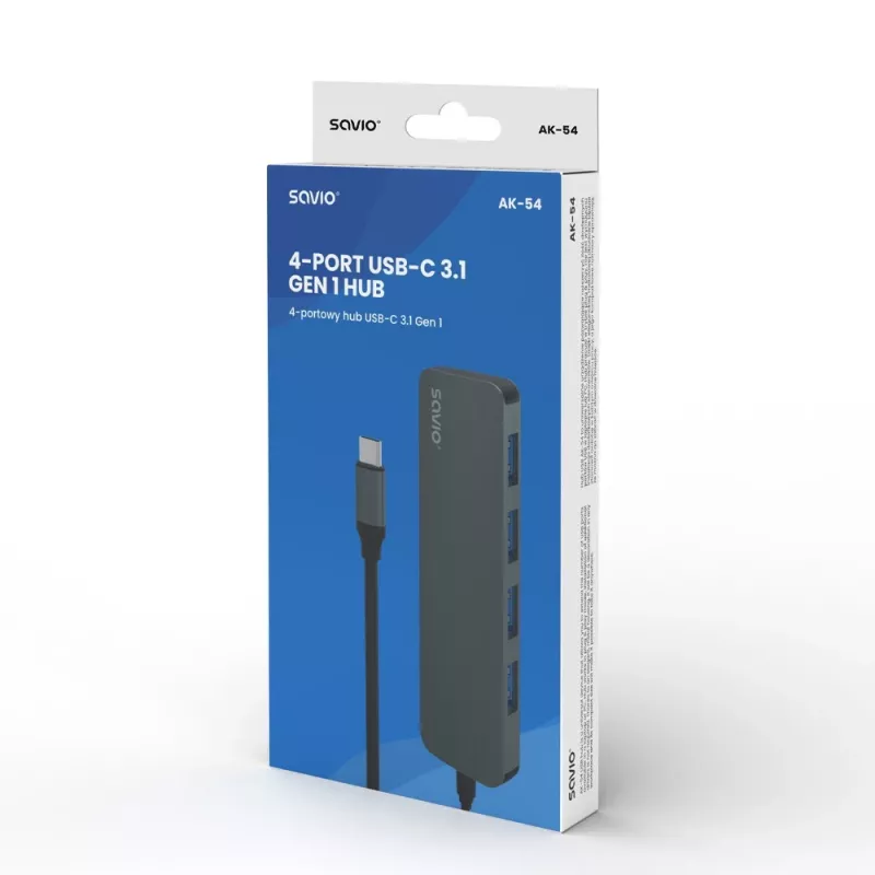 USB centrmezgls SAVIO AK-54 — 4 x USB-A (USB 3.2 Gen 1), USB-C saimnieks, melns