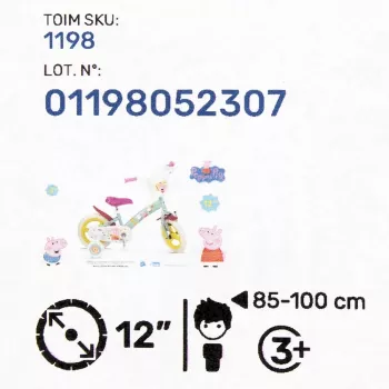 Bērnu velosipēds Toimsa TOI1198 12 collu Peppa Pig dizains, putuplasta riepas, priekšējā bremze, sānu riteņi, grozs