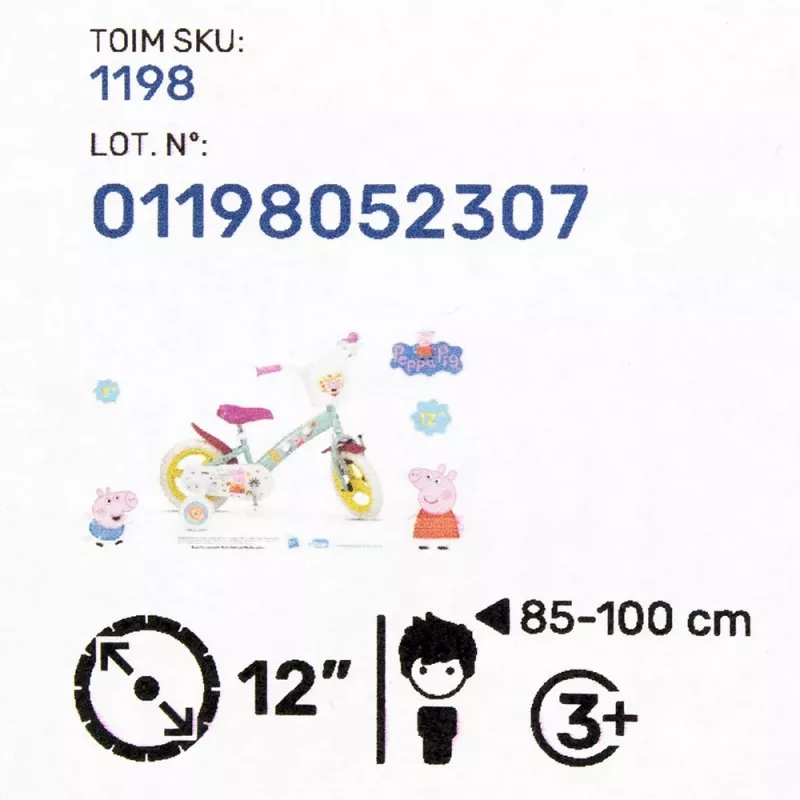 Bērnu velosipēds Toimsa TOI1198 12 collu Peppa Pig dizains, putuplasta riepas, priekšējā bremze, sānu riteņi, grozs