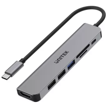 USB-C centrmezgls Unitek 7in1 Alumīnijs PD 100W 5 Gbps — daudzportu adapteris ar Power Delivery