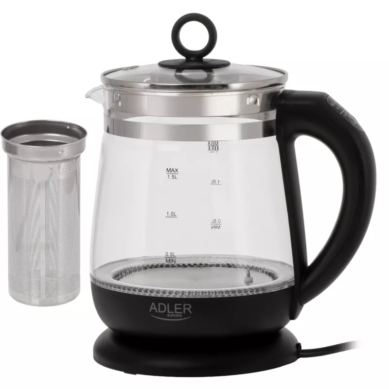 Adler tējkanna AD 1299 | Elektriskā | 2200 W | 1.5 L | Stikla | 360° grozāma pamatne | Melna