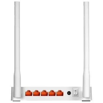TOTOLINK N300RT galda maršrutētājs — vienas joslas 2.4 GHz Wi‑Fi 4, 300 Mbps, 5x RJ-45 Fast Ethernet porti, 2 ārējās 5 dBi antenas