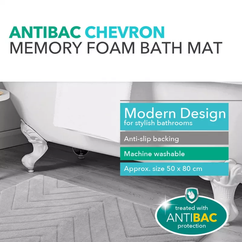 Vannas paklājs Beldray LA032647LGRYUFFEU7 Antibac Chevron memory foam, antibakteriāls, pelēks