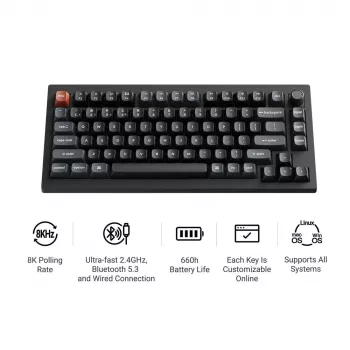 Mehāniskā 75% tastatūra Keychron V1 Ultra 8K — QWERTY, Bluetooth un vads, RGB, Melna