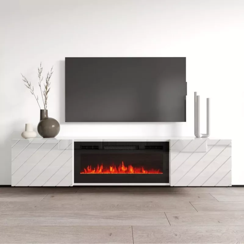 TV skapis cama meble LUXE 1826×345×375 mm balts spīdums ar iebūvētu melnu elektrisko kamīnu (1400–1600 W)