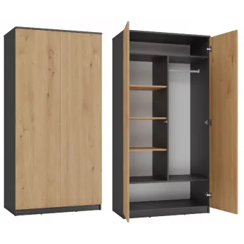 Skapis Top e shop SD-90 ANT/ART KPL — 2-durvju guļamistabas skapis, 7 plaukti, 900×500×1800 mm
